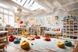 A kids' playroom with colorful bean bags, educational toys, and whimsical wall art