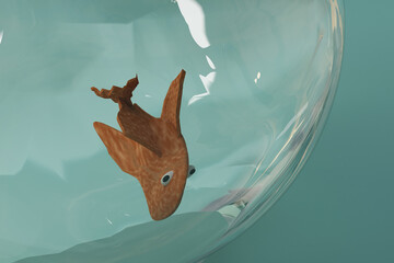 3d render of goldfish and glass bowl from close view