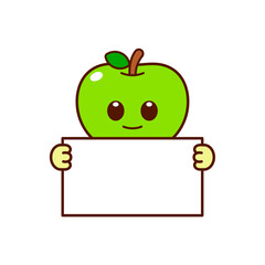 Wall Mural - Cute Green Apple Character Holding a Blank Sign