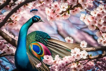 Wall Mural - peacock with feathers in white flowers trees garden