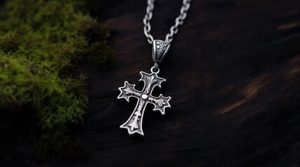 Necklace with metallic cross on dark background.