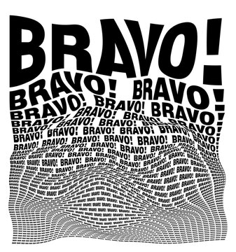 Black and white distorted background composed of Bravo decreasing words. Optical illusion warped wallpaper.