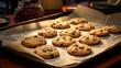 A cookie sheet of freshly baked homemade chocolate chip cookies on a kitchen table. Comfort food.