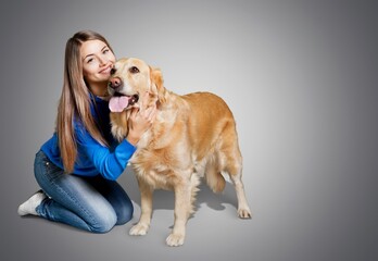 Poster - Happy woman with young cute dog pet