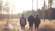 © Stavros - Hiking with friends through the winter forest. View from the back of a small group of hikers with backpacks walking through the winter forest. Enjoy nature and communication without gadgets.