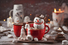 Red Mug With Hot Chocolate With Melted Marshmallow Snowman