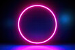 3d render, blue pink neon round frame, circle, ring shape, empty space for text