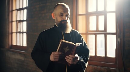 Orthodox priest in traditional robe holds open Bible standing in cell window sunlight. Christian monk prays with book in spiritual retreat. Churchman inspires reading Holy Scripture in chamber