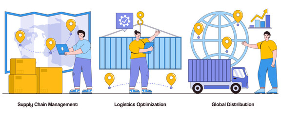 Poster - Supply chain management, logistics optimization, global distribution concept with character. Supply chain abstract vector illustration set. Efficient logistics, supply chain optimization metaphor