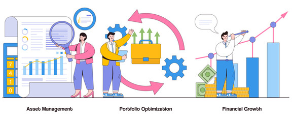 Poster - Asset management, portfolio optimization, financial growth concept with character. Investment portfolio abstract vector illustration set. Portfolio management, wealth growth, financial strategy