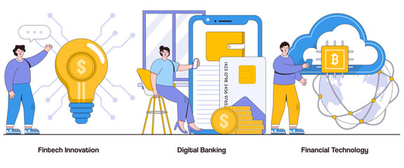 Poster - Fintech innovation, digital banking, financial technology concept with character. Fintech Solutions abstract vector illustration set. Financial disruption, tech-driven banking, fintech evolution