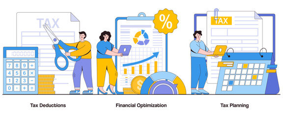 Poster - Tax deductions, financial optimization, tax planning concept with character. Tax savings abstract vector illustration set. Financial efficiency metaphor