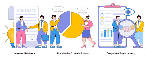 Poster - Investor relations, shareholder communication, corporate transparency concept with character. Investor trust abstract vector illustration set. Shareholder engagement metaphor