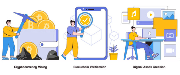 Poster - Cryptocurrency mining, blockchain verification, digital asset creation concept with character. Crypto mining abstract vector illustration set. Blockchain validation, mining operations metaphor