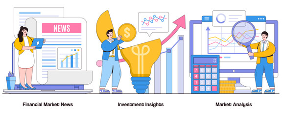 Poster - Financial market news, investment insights, market analysis concept with character. Investment research abstract vector illustration set. Market updates, informed decision making metaphor