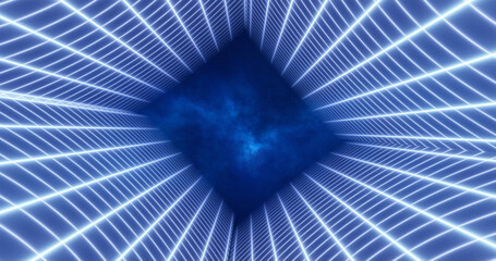 Poster - Abstract blue energy grid swirling tunnel of lines in the top and bottom of the screen magical bright glowing futuristic hi-tech background