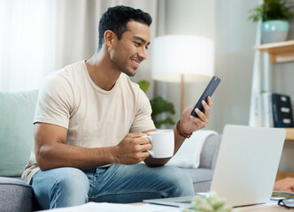 Poster - Phone, remote work and man on sofa and laptop for communication, contact and online chat. Computer, technology and person on smartphone for networking, social media and freelance blog with coffee