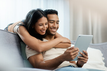 Poster - Happy, love and couple hug with tablet on sofa for social media, movies or streaming film at home. Support, smile or people in living room with digital, search or app for show, video or communication