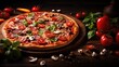 crust background pizza food vibrant illustration toppings mozzarella, sauce dough, oven slice crust background pizza food vibrant