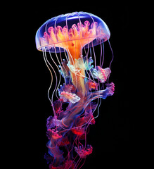 glowing jellyfish swim deep in blue sea, neon jellyfish fantasy on black background