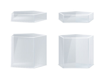 Poster - Glass transparent pentagon product podiums of different height. Realistic vector set of plexiglass or plastic geometric stands for goods display. Empty clear crystal or acrylic pillar platform mockup.