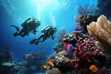 Fototapeta Do akwarium - Divers swimming over a coral reef in the sea.