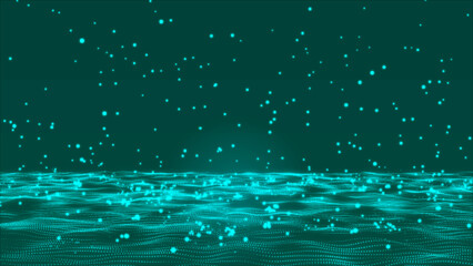 Poster - Abstract Hi-Tech bouncing light blue particles background. Blue sphere particles are falling, bouncing, and exploding into sparks. Futuristic dot-wave animation background. 3D animation 4k video