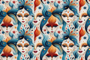 Wall Mural - festive seamless pattern with colorful carnival masks for the holiday on white background