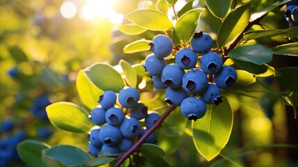 Wall Mural - Ripe blueberries on the branches of a bush in the garden.