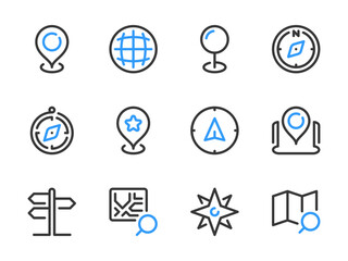 Poster - Location and Navigation vector line icons. Road Map and Compass outline icon set. GPS, Location Pin, Pointer, Road Sign and more.