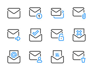 Poster - Mail, SMS and Email vector line icons. Message, Letter and Envelope outline icon set.