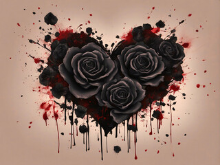 Wall Mural - Heart made with black and red roses, blood dripping.	