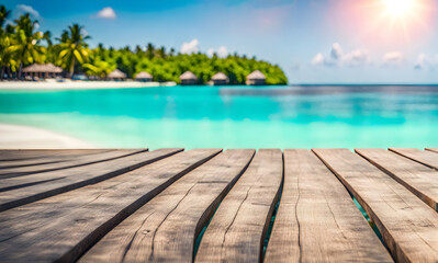 Sticker - Empty wooden table, blurred summer sea background with copy space for your product