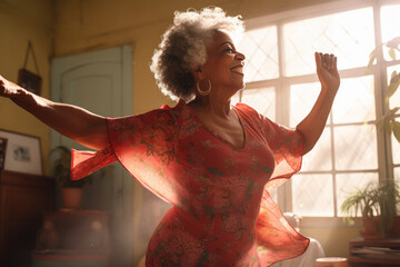 Smiling afro american elderly woman dancing near the window