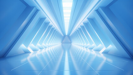 Poster - Corridor tunnel of space station ship, glowing futuristic panels of blue color, metal walls reflection of light. Podium stage long way. 3d render