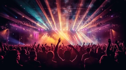 silhouette of concert crowd in front of bright stage lights. Dark background, smoke, concert spotlights