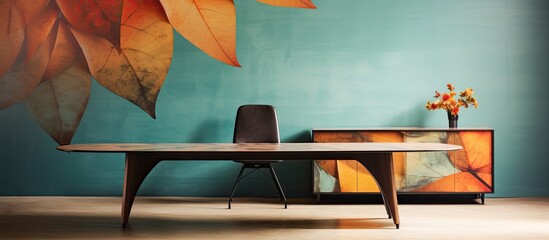 Poster - In an abstract design, an office table adorned with a vintage wood texture showcases the creative concept of combining summer beach and autumn leaf elements, creating a unique fashion statement that