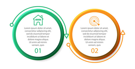 Business Infographic Design Template. minimal Timeline design with 2 steps, options and marketing icons. Vector linear infographic with two circle connected elements. good for your business