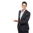 Presentation, showing and portrait of business man on isolated, png and transparent background. Corporate, professional and happy worker with hand gesture for information, announcement and options