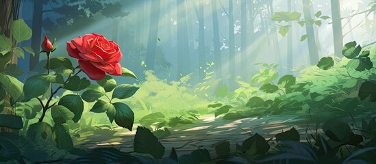 Poster - In an enchanting illustration of nature's beauty, a solitary floral rose, with vibrant red petals, stands tall amidst a sea of green leaves and a background of pure white, evoking the essence of