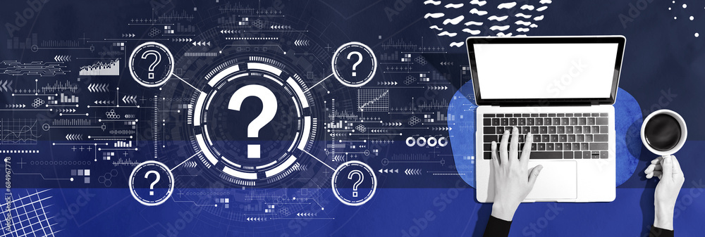 Question marks with person using a laptop computer Stock Photo | Adobe ...