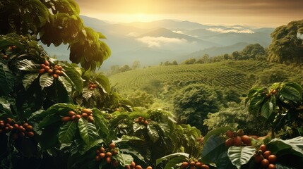 Poster - bean natural coffee drink coffee plantation scene illustration farm agriculture, food background, plant nature bean natural coffee drink coffee plantation scene