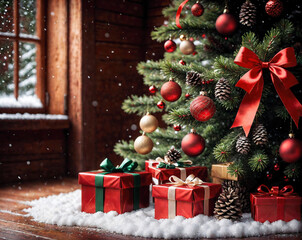 Poster - New Year background with Christmas decorations, balls and gifts, snow falling. Generated AI