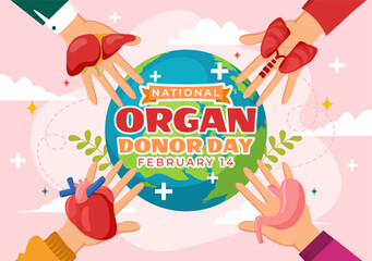 Wall Mural - National Organ Donor Day Vector Illustration on 14 February with Kidneys, Heart, Lungs or Liver for Transplantation and Healthcare in Flat Background