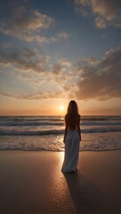 Wall Mural - back view of woman standing on ocean beach