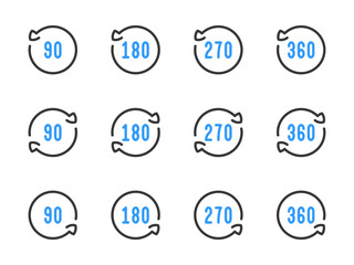 Poster - Rotate 90, 180, 270 and 360 degrees vector line icons. Angle of Rotation and Rotating arrow with angle value outline icon set.