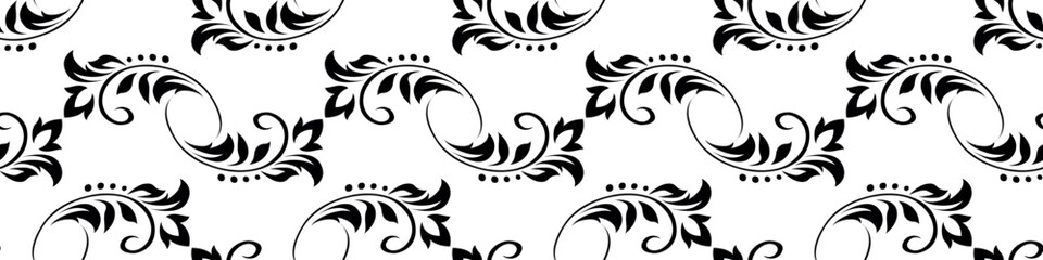 Wall Mural - Vintage seamless plant pattern of black stylized stems, leaves, flowers and curls on white background. Retro style. Vector backdrop, texture for victorian wallpapers, wrapping paper, fabric