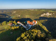 Luftbild von der Burg Wildenstein bei Leibertingen von der Morgensonne angestrahlt
