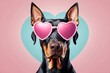 Dobermann cartoon illustration with pink heart shape sunglasses on a blue pastel heart background, very funny illustration, commercial advertisement, award winning pet magazine cover