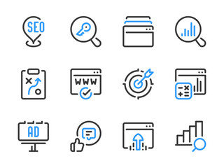 Poster - Search Engine Optimization vector line icons. SEO and Business research outline icon set.